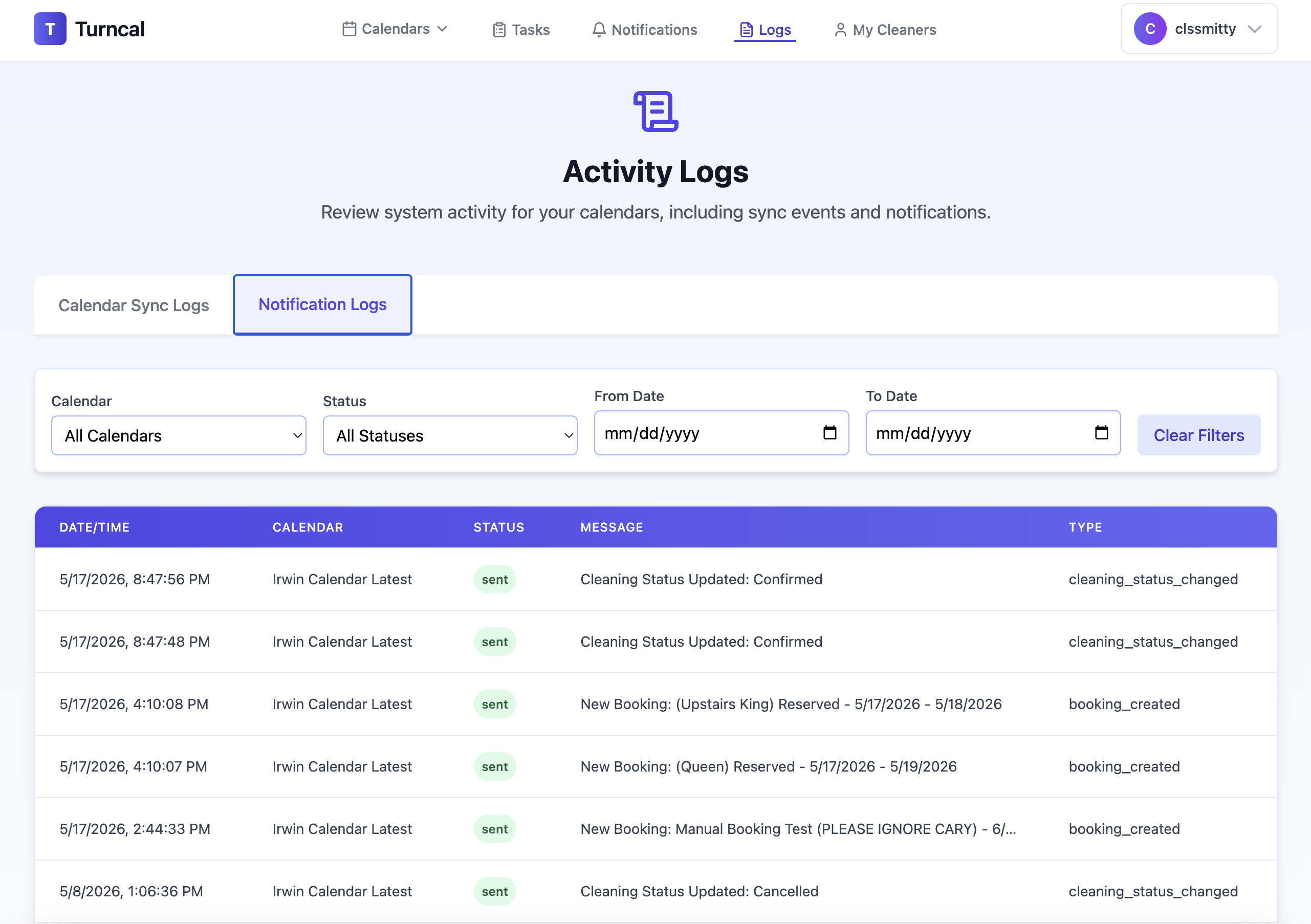 TurnCal activity feed and notification log view