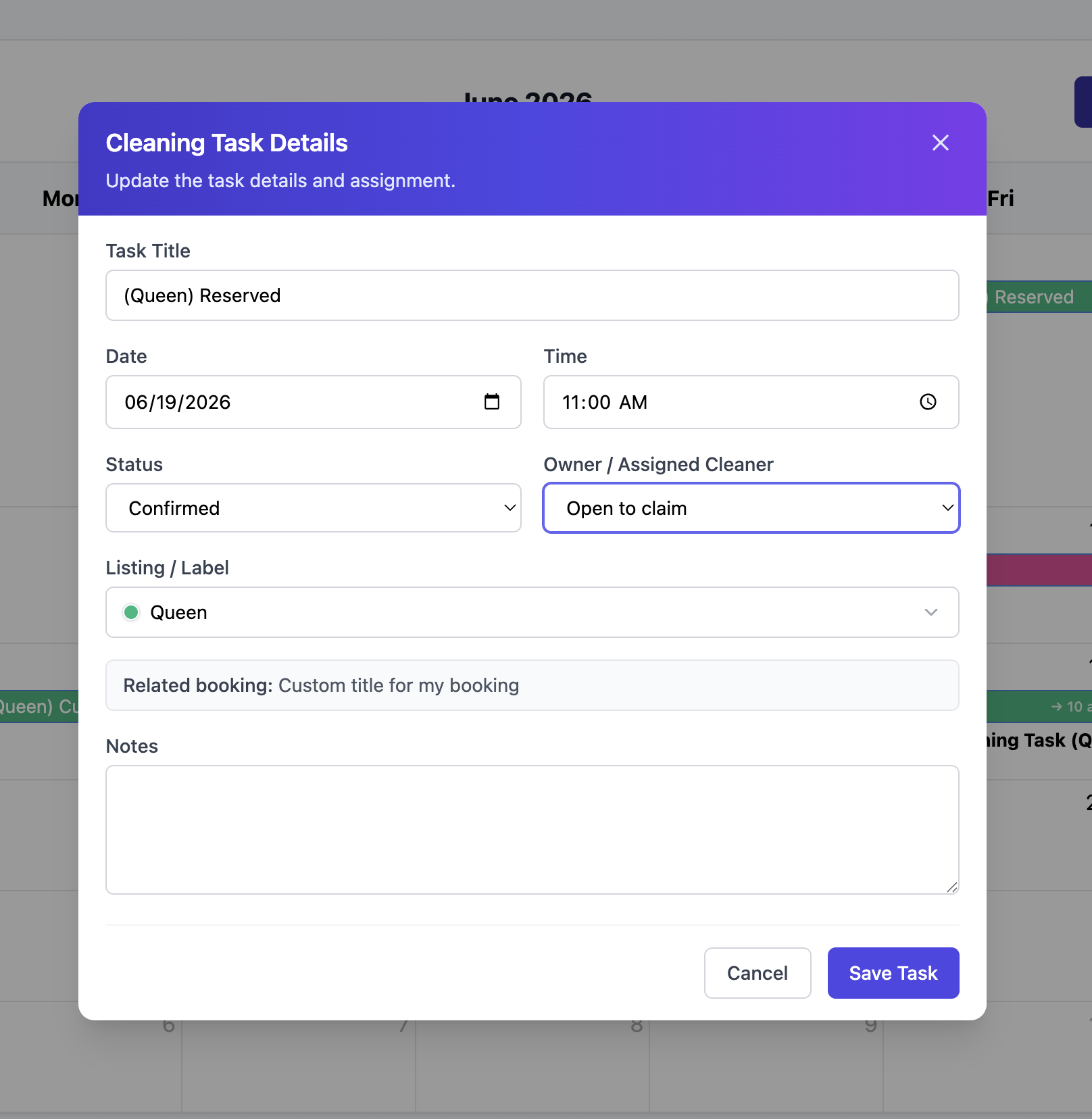 TurnCal in-calendar cleaning task details modal with assignment, status, listing, and notes