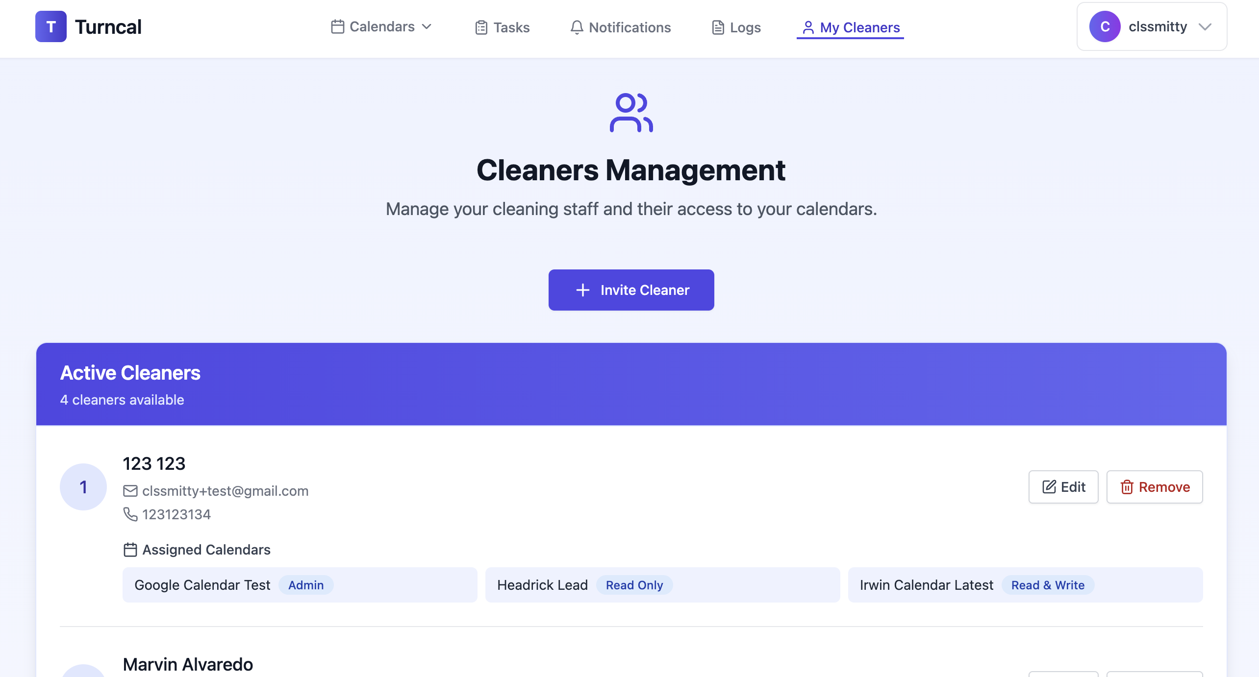 TurnCal cleaner and team management settings