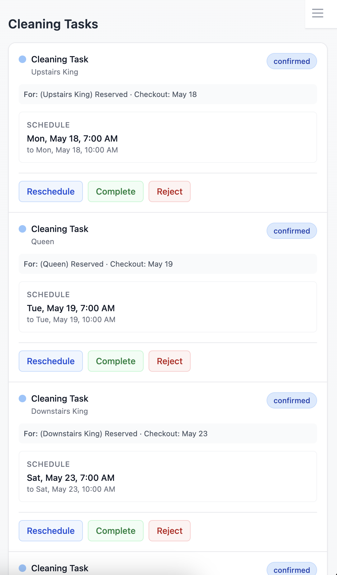 TurnCal cleaning tasks list on a mobile phone, with reschedule, complete, and reject actions
