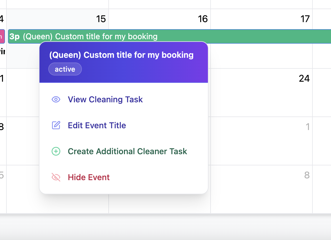 TurnCal in-calendar event action menu showing edit title, view task, and hide event options