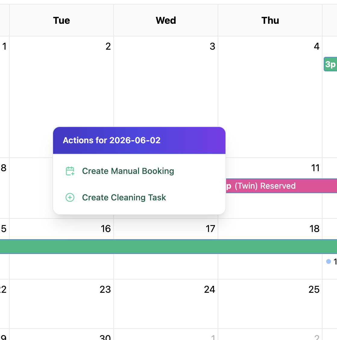 TurnCal in-calendar actions menu with Create Manual Booking and Create Cleaning Task options