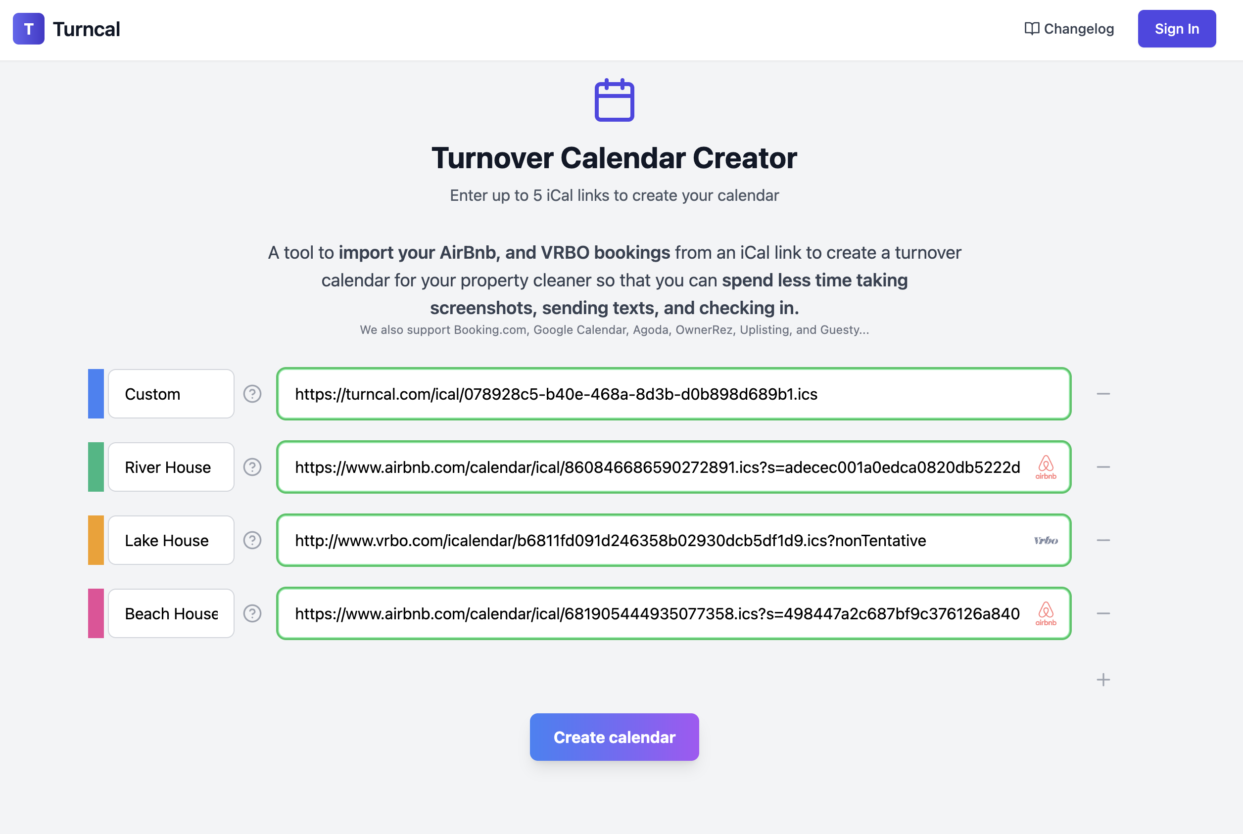 TurnCal calendar creator with custom labels, colors, and validated iCal links from Airbnb and Vrbo
