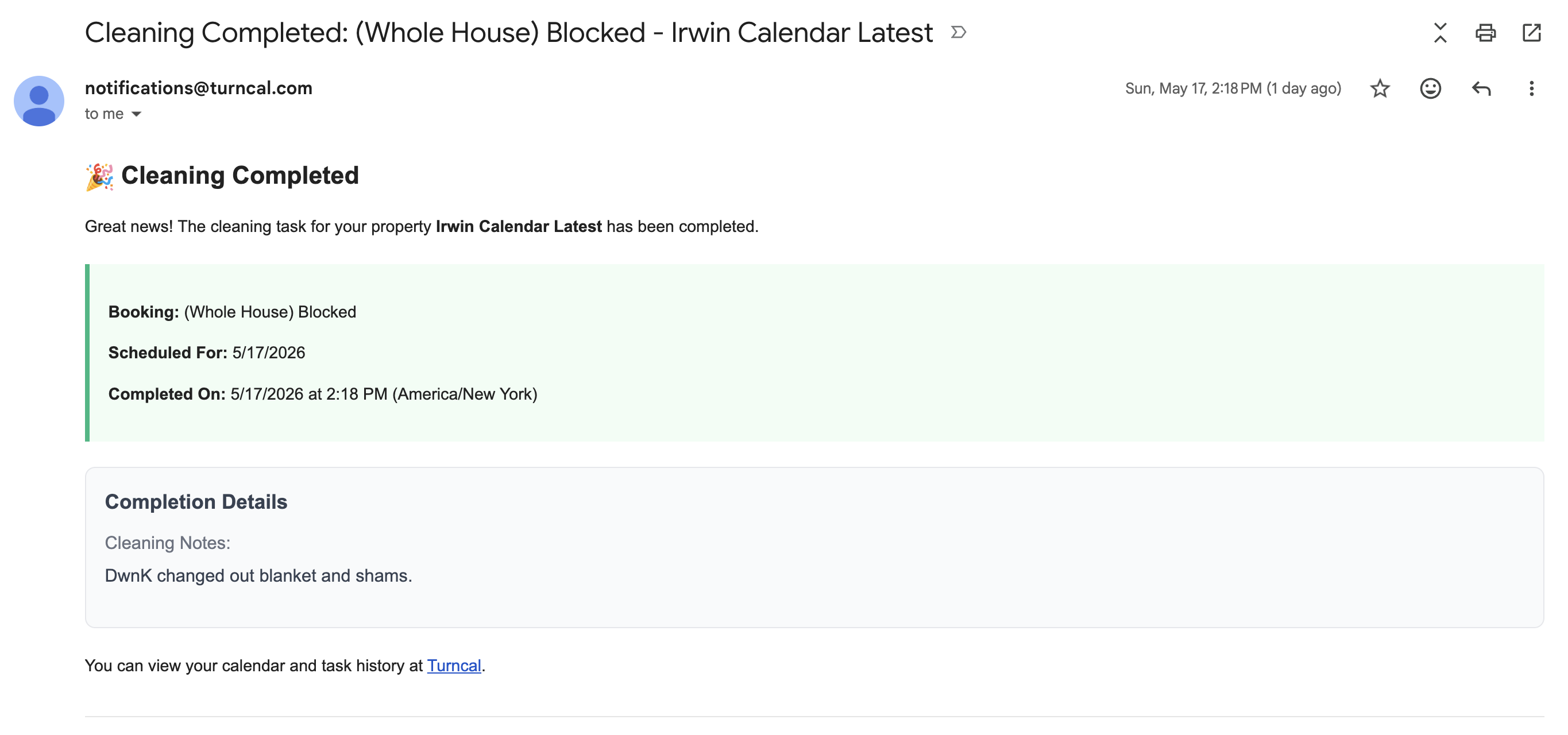 TurnCal task completion email showing turnover details and cleaner completion notes