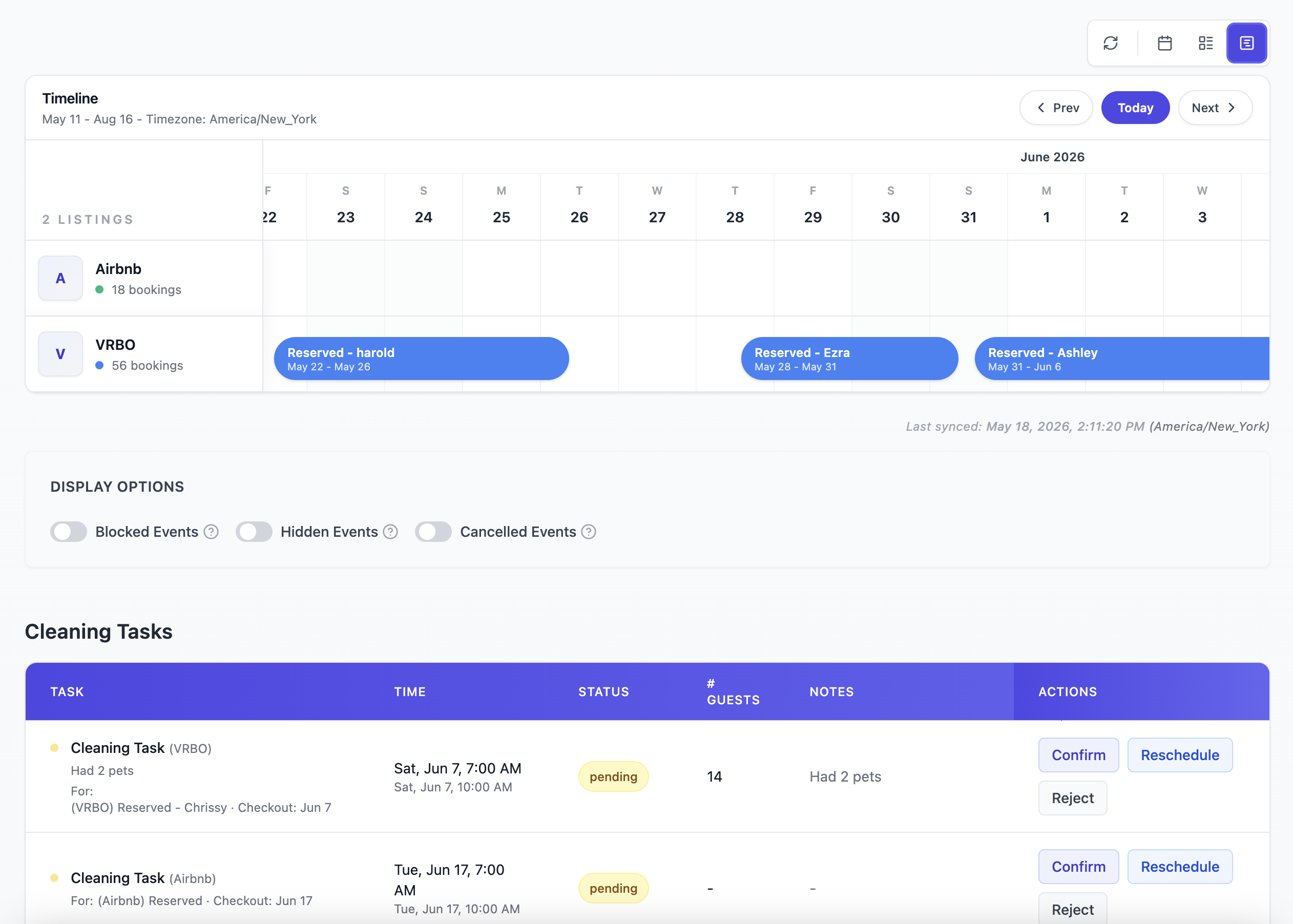TurnCal timeline view of bookings and turnover windows